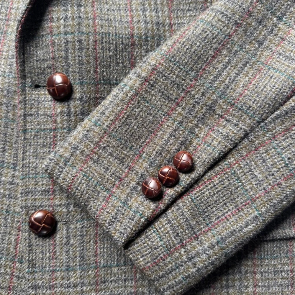 VTG Culwell & Son TX Tweed Sport Coat Jacket 41R Leather Button Windowpane Plaid